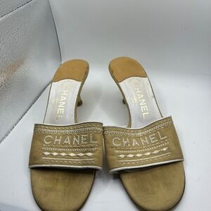 Chanel‎ Women's Beige Canvas Slides Mules Heels Size 37.5 Made in Italy